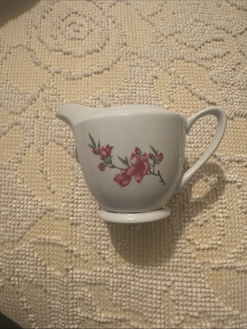 White Porcelain Creamer with Pink Floral Motif